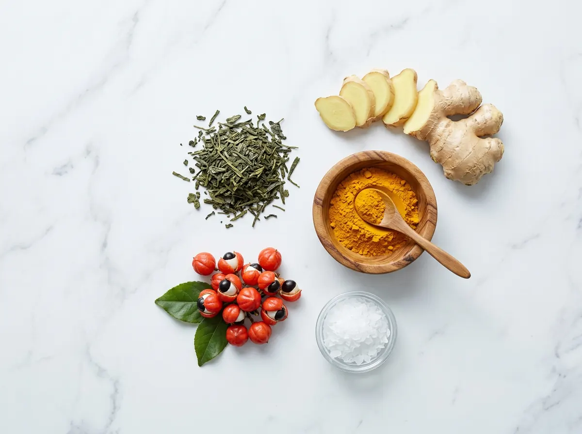 Plantaardige ingrediënten - groene thee, guarana, gember en kurkuma voor voedingssupplementen